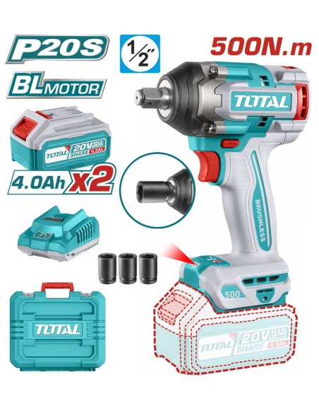 CLE A CHOC 500NM AVEC 2 BATTERIES 20V 4AH TIWLI2050 TOTAL| mano.tn | Tunisie