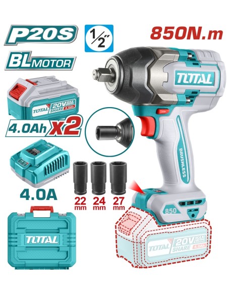 CLE A CHOC BOULONNEUSE 850NM AVEC 2 BATTERIES 20V 4AH TIWLI2085 TOTAL| mano.tn | Tunisie