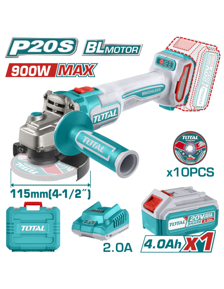 MEULEUSE ANGULAIRE AVEC BATTERIE SANS BALAIS 20V TAGLI211541 TOTAL| mano.tn | Tunisie