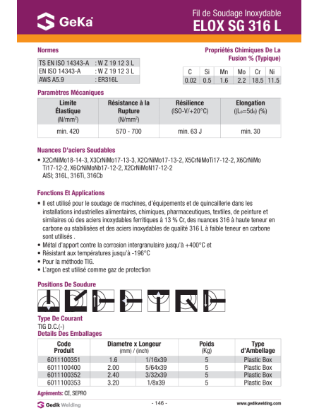 Electrode ELOX SG 316 L - D2.40 x 1000 / 5KG| mano.tn | Tunisie