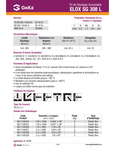 Electrode ELOX SG 308 L - D2.40 x 1000 / 5KG| mano.tn | Tunisie
