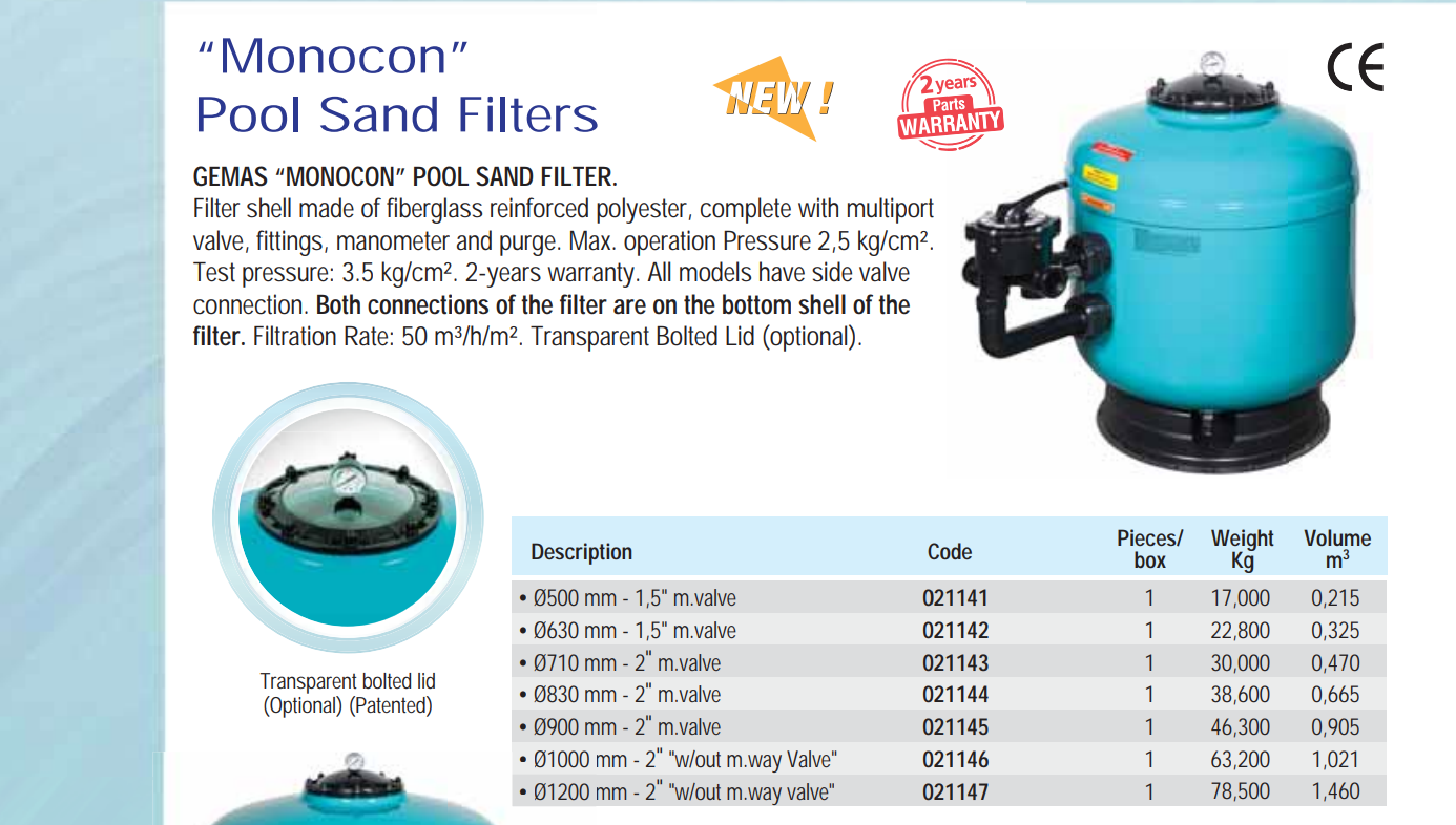 FILTRE A SABLE PISCINE 10M3 AVEC VANNE 50MM GEMAS MONOCON